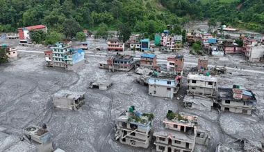 An Aerial view shows debris and mud covering settlements following flash floods on August 28, 2026 in DevGhat village, Nepal.Ritesh Shukla—Getty Images